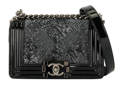 Sequin Plaid Small Boy, &pound;2,200, Handbags, Black, Patent Leather/Suede, Front view